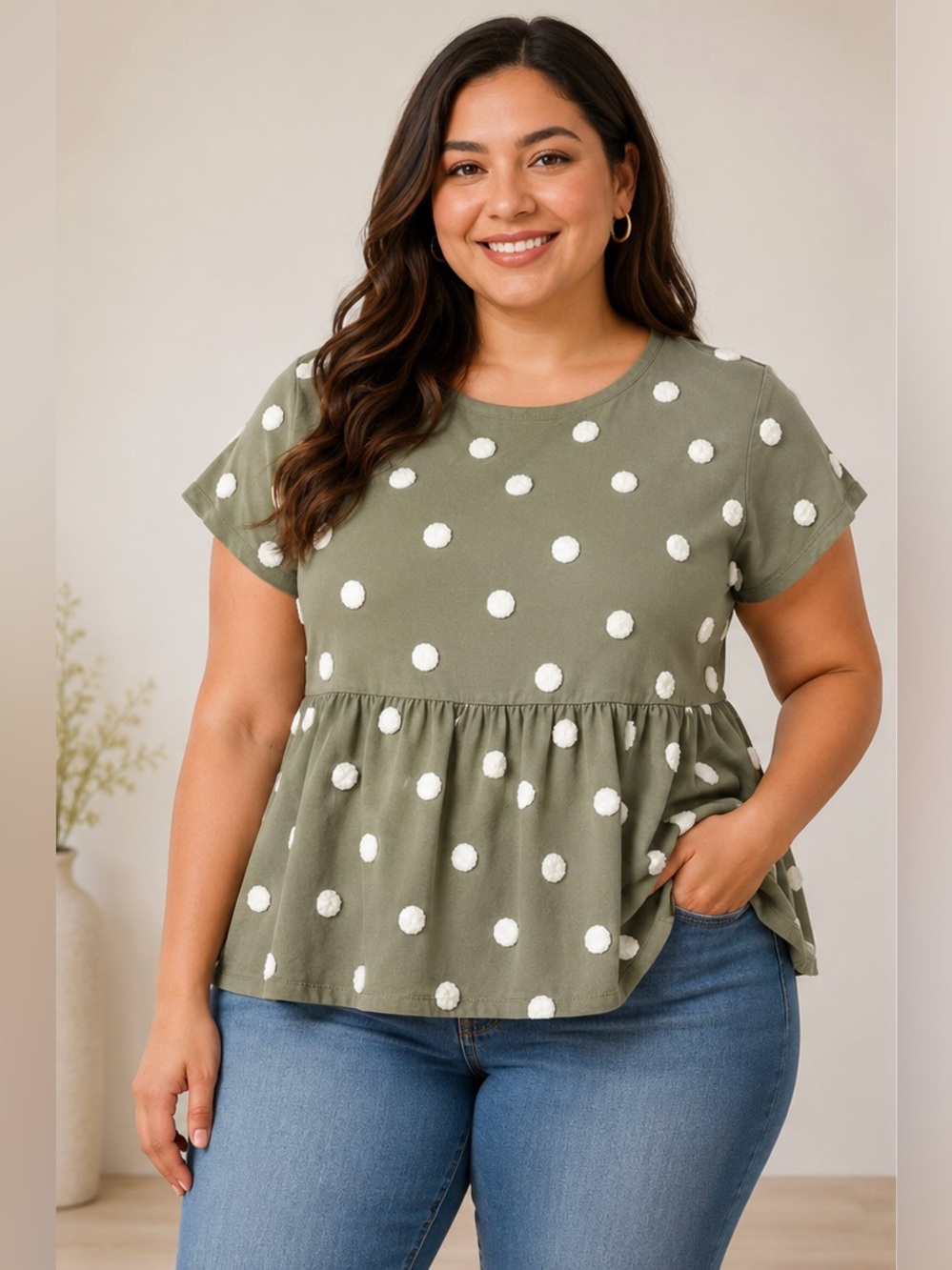 Blu Pepper Women's Large Olive Green Textured
Polka Dot Peplum Top